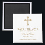Save The Date Wedding Magnet : Religious Cross<br><div class="desc">Christian Cross personalised Save the Date wedding magnet in white with gold lettering.  Text is fully customisable.  Background colour can be changed.  Designed by Heard_.</div>