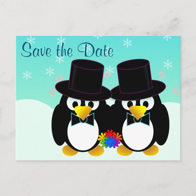 Save the Date Wedding Penguins Announcement Postcard (Front)