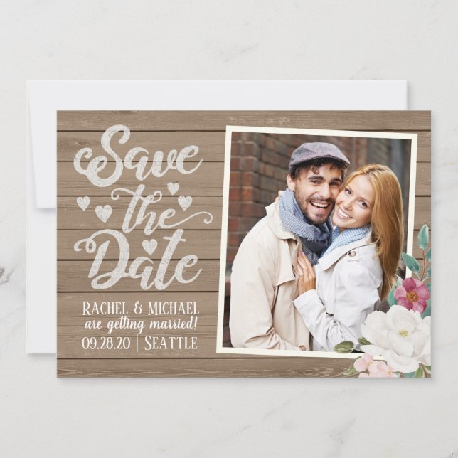Save The Date Wedding | Photo on Wood With Flowers Invitation (Front)