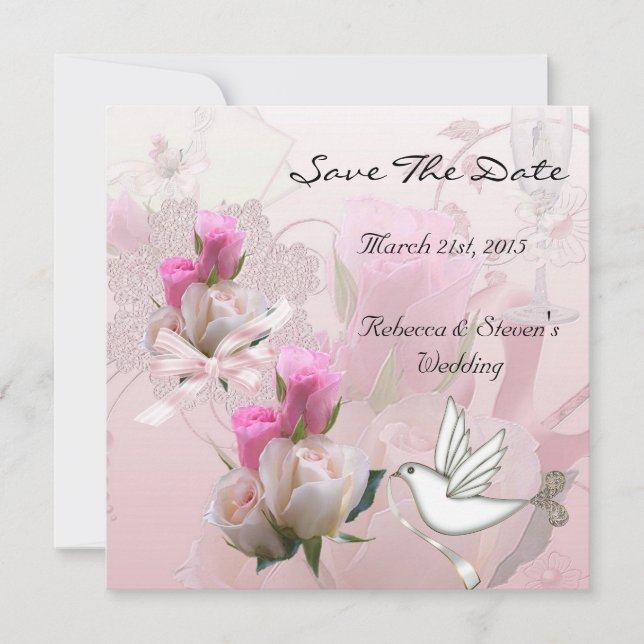 Save The Date Wedding Pink White Flowers Dove (Front)