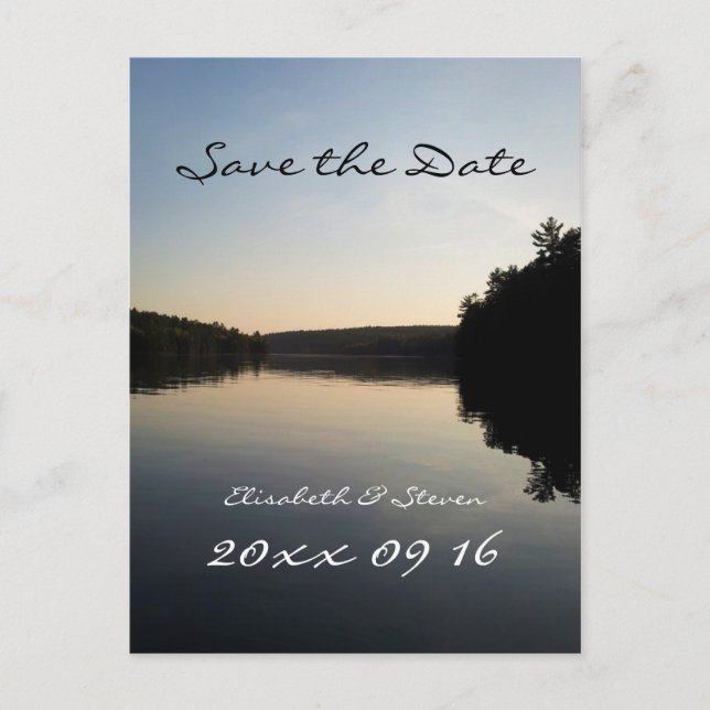 Save the Date Wedding Postcard Lake at Sunset (Front)