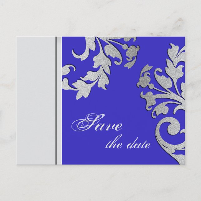 Save the Date Wedding Postcard Royal Blue Silver (Front)