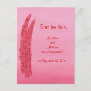 Save the date wedding postcards, Red Pink Feathers Announcement Postcard