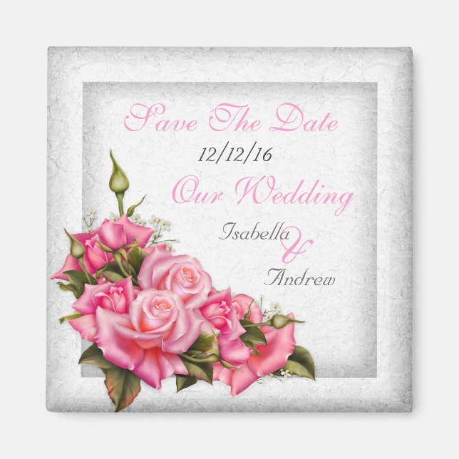 Save The Date Wedding Pretty Pink Roses Bouquet Magnet (Front)