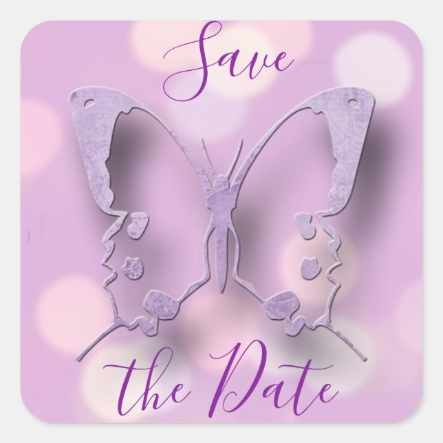 Save the Date Wedding Purple Butterflies Square Sticker (Front)