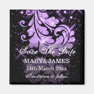 Save The Date Wedding Purple Glitter Floral Swirls Magnet