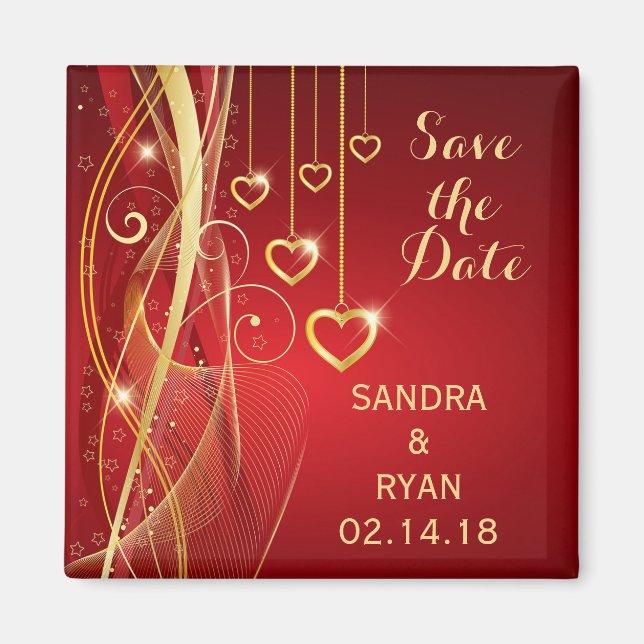 Save the Date Wedding Romantic Red Gold Hearts Magnet (Front)