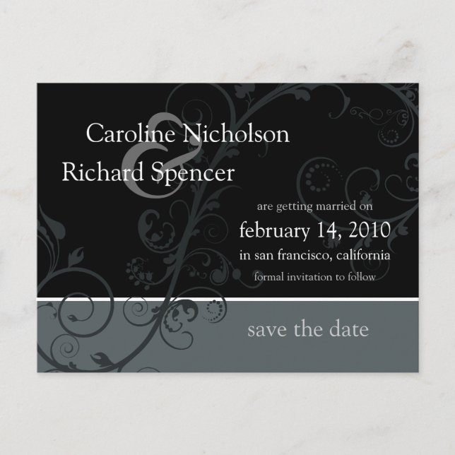 Save the Date Wedding Silver Flourish Postcard (Front)
