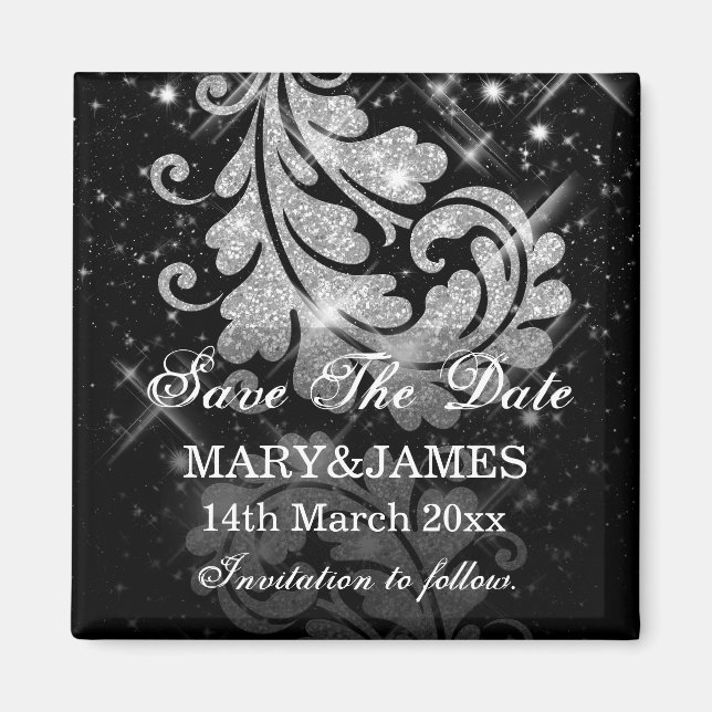 Save The Date Wedding Silver Glitter Floral Swirls Magnet (Front)