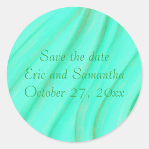 Save the date wedding stickers, green, gold blend classic round sticker