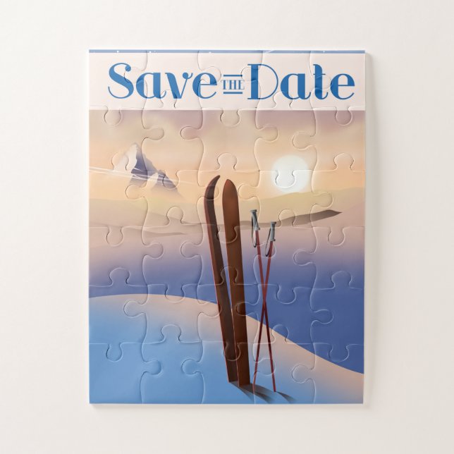 Save The Date Wedding Vintage Ski Jigsaw Puzzle (Vertical)