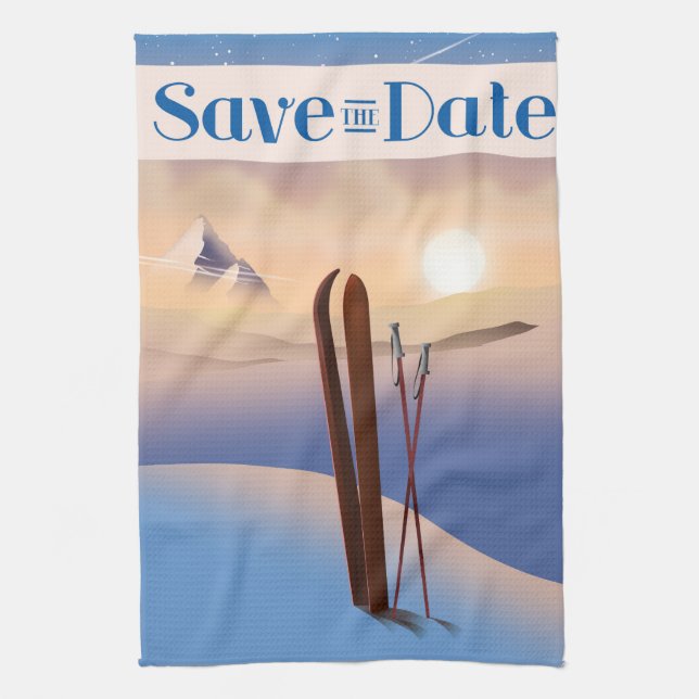 Save The Date Wedding Vintage Ski Tea Towel (Vertical)