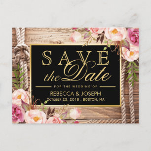 Save the Date Western Rustic Country Wood Floral Announcement Postcard