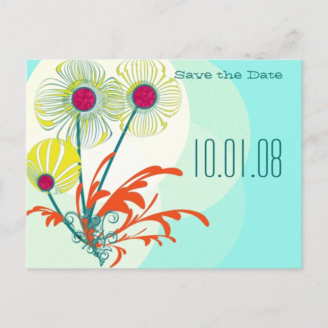 Save the Date Whimsical Flowers Bright Colours Announcement Postcard (Front)
