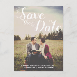Save The Date Whimsical White Script Photo Overlay Postcard