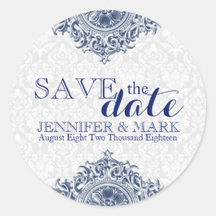 Save The Date White Damasks & Blue Lace Ornament Classic Round Sticker