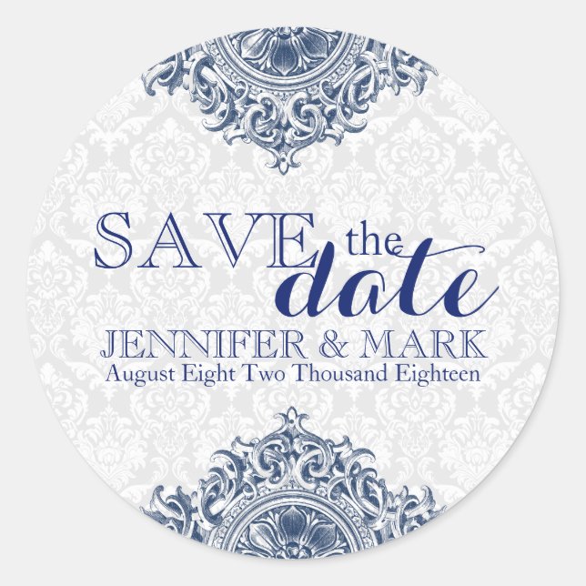 Save The Date White Damasks & Blue Lace Ornament Classic Round Sticker (Front)