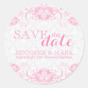 Save The Date White Damasks & Pink Lace Classic Round Sticker
