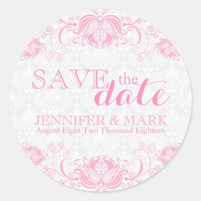 Save The Date White Damasks & Pink Lace Classic Round Sticker (Front)