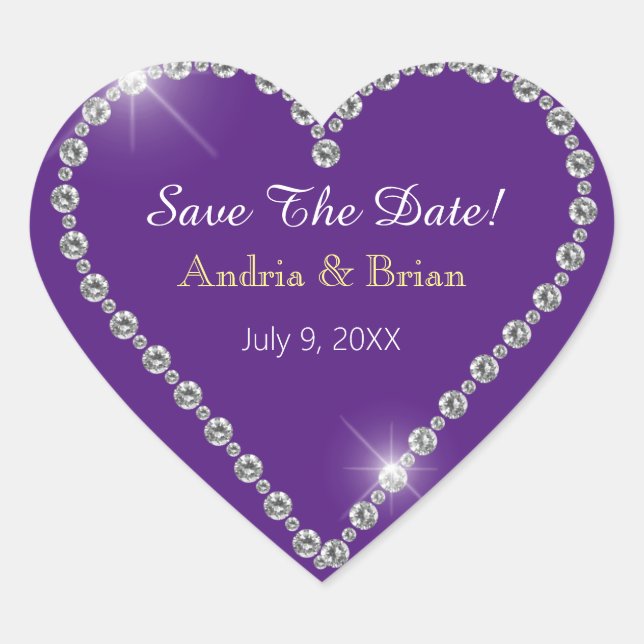 Save The Date, White Diamond Heart, Names Purple Heart Sticker (Front)