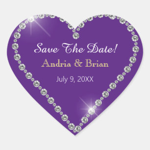 Save The Date, White Diamond Heart, Names Purple Heart Sticker