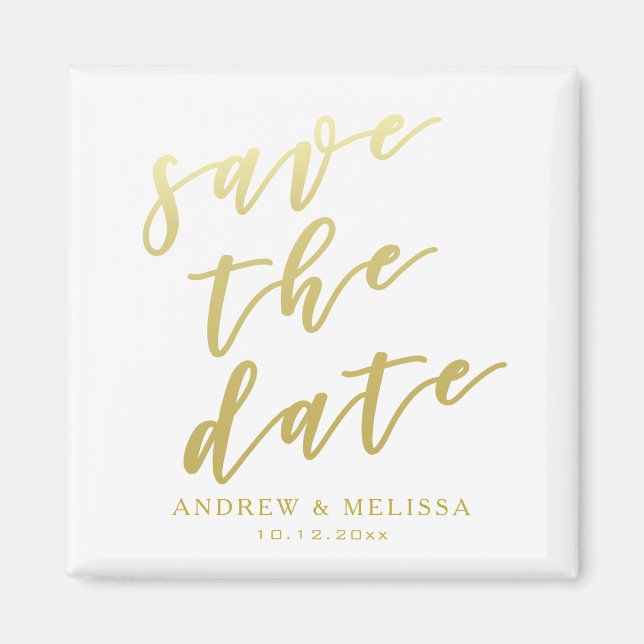 Save the date | White & Faux Gold Script Magnet (Front)