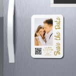 Save The Date White Gold Stylish Modern Weddin Magnet<br><div class="desc">Save The Date White Gold Stylish Script Modern Wedding Magnets features a white background with your custom photo. Personalise with your text by editing the text in the text boxes provided and add your website URL for your custom QR code. Designed for you by ©Evco Studio www.zazzle.com/store/evcostudio</div>