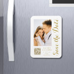 Save The Date White Gold Stylish Modern Wedding Magnet<br><div class="desc">Save The Date White Gold Stylish Script Modern Wedding Magnets features a white background with your custom photo. Personalise with your text by editing the text in the text boxes provided and add your website URL for your custom QR code. Designed for you by ©Evco Studio www.zazzle.com/store/evcostudio</div>