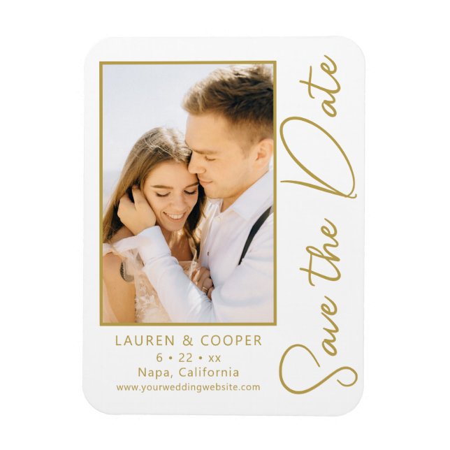 Save The Date White Gold Stylish Modern Wedding Magnet (Vertical)