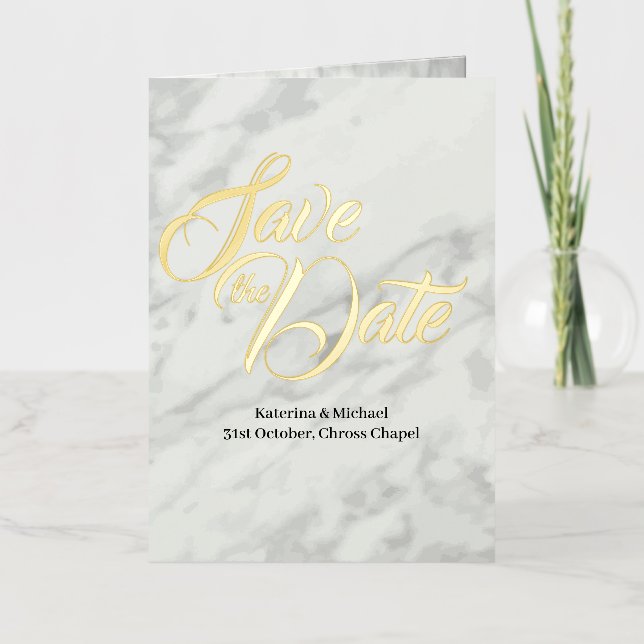 Save the Date White Marble Foil Greeting Card (Front)