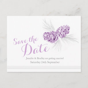 Save the date winter pine cones purple wedding announcement postcard