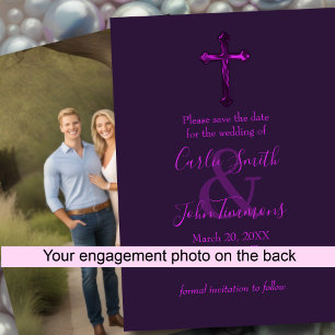 Save the Date with Cross Purple Monotone Photo
