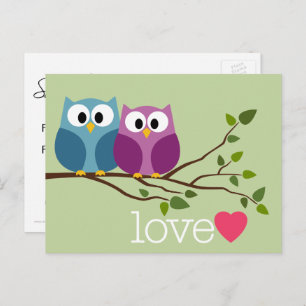 Save the Date with Cute Owl Couple Announcement Postcard