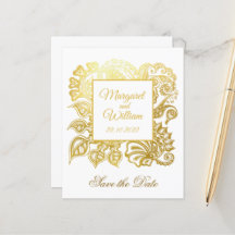 Save the date with gold glitter flowers