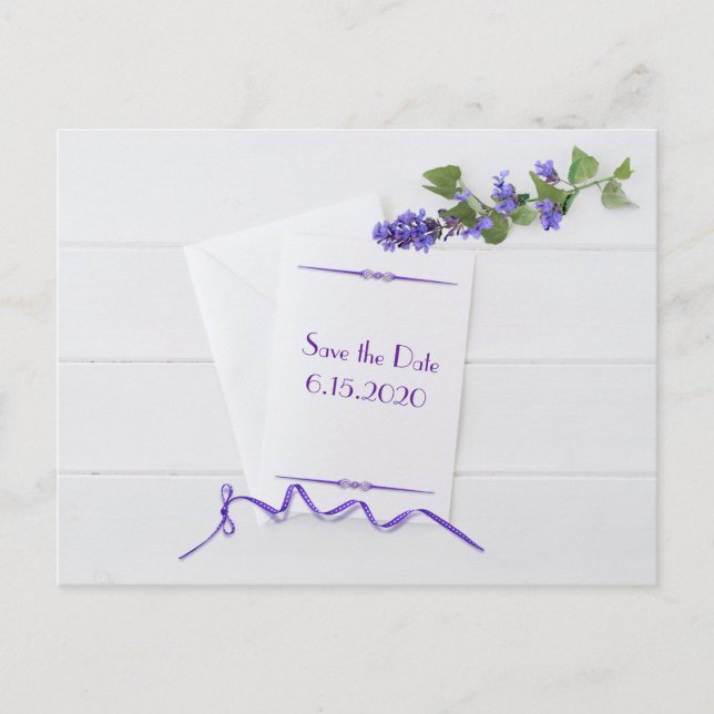 Save the Date with purple flowers Announcement Postcard (Front)