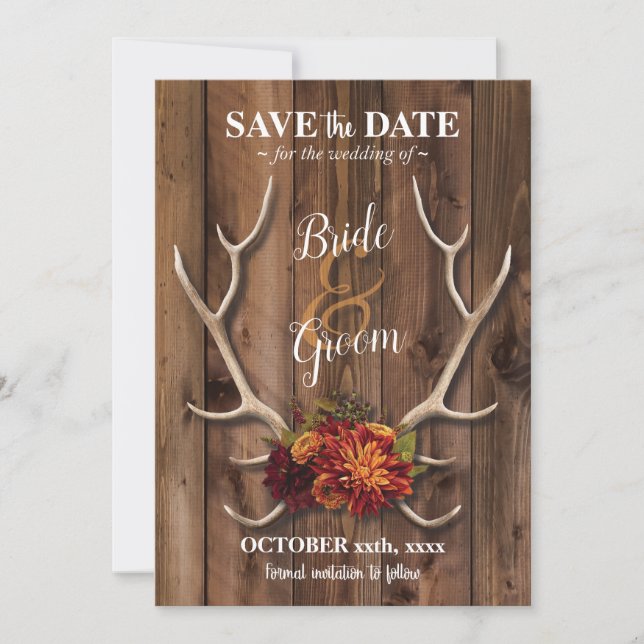 Save the date with rustic antler romantic wedding. invitation (Front)