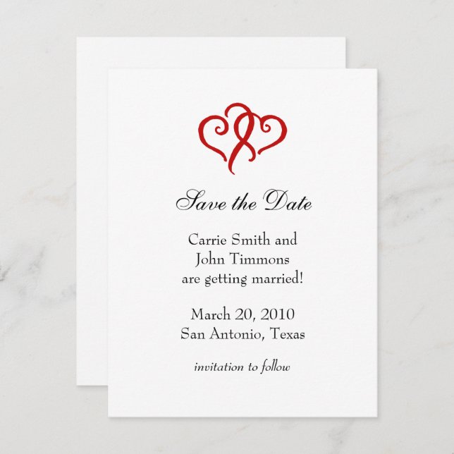 Save the Date with Simple Red Hearts (Front/Back)