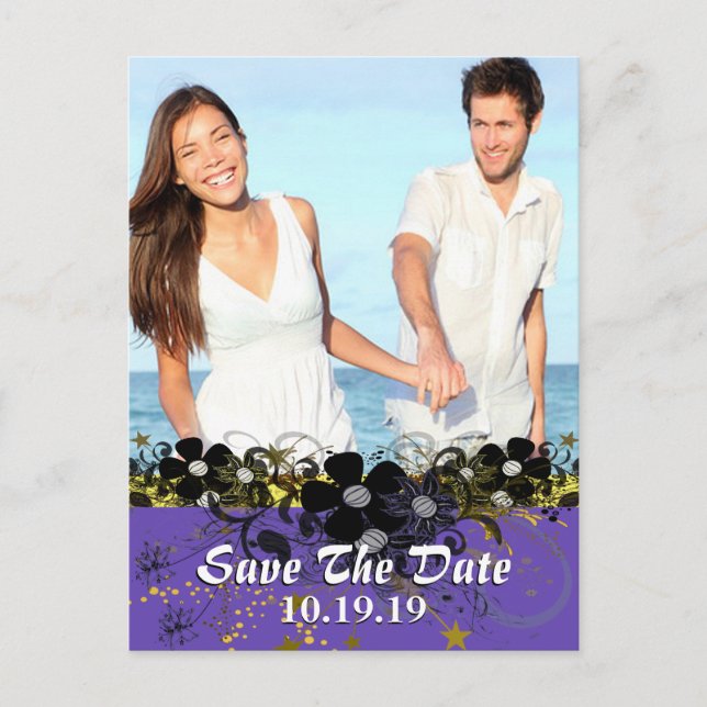 Save the Date with YOUR Photo -Yellow and  Lilac Announcement Postcard (Front)
