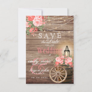 Save the Date Wood Barrel, String Lights - Coral