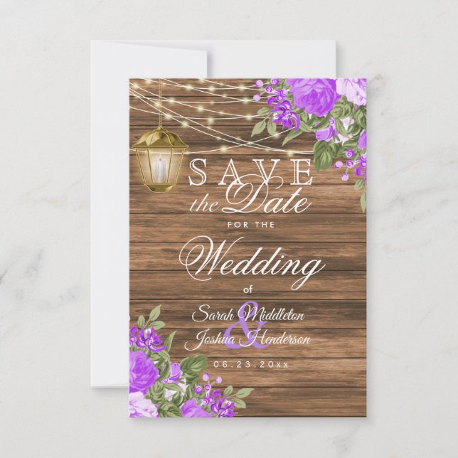 Save the Date Wood, Lanterns and Purple Flower (Front)