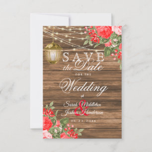 Save the Date Wood, Lanterns and Red Flower
