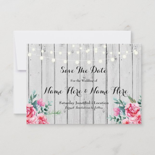 Save The Date Wood Red Rustic Floral Lights Invite (Front)