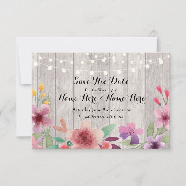 Save The Date Wood Rustic Floral Lights Invite (Front)
