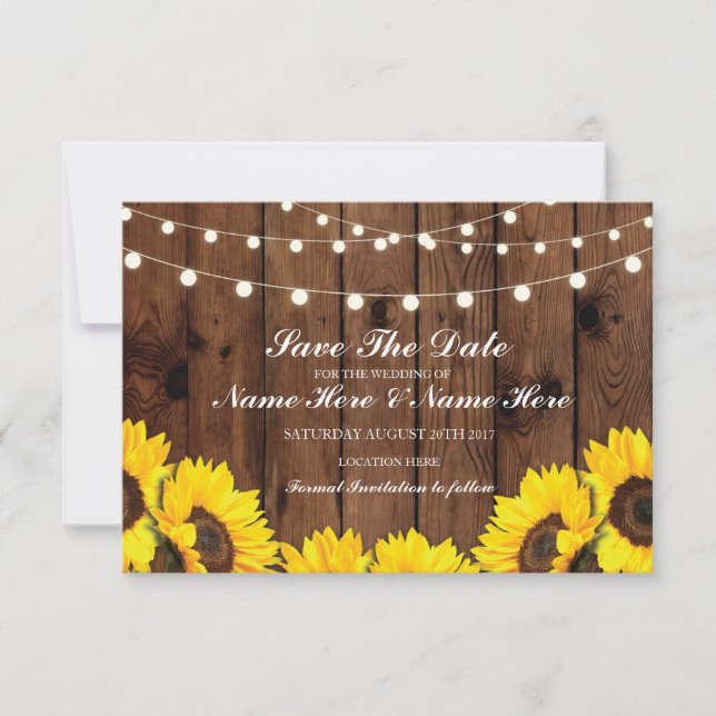 Save The Date Wood Rustic Sunflowers Lights Card (Front)