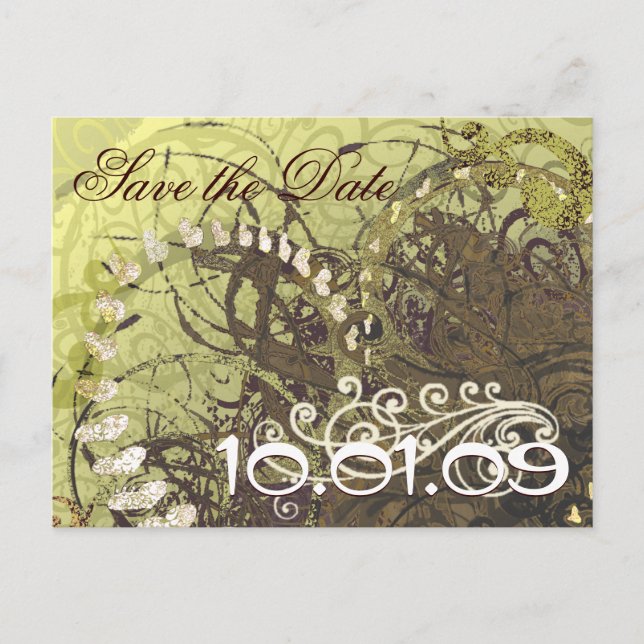 Save The Date Yellow and Brown Hearts Announcement Postcard (Front)