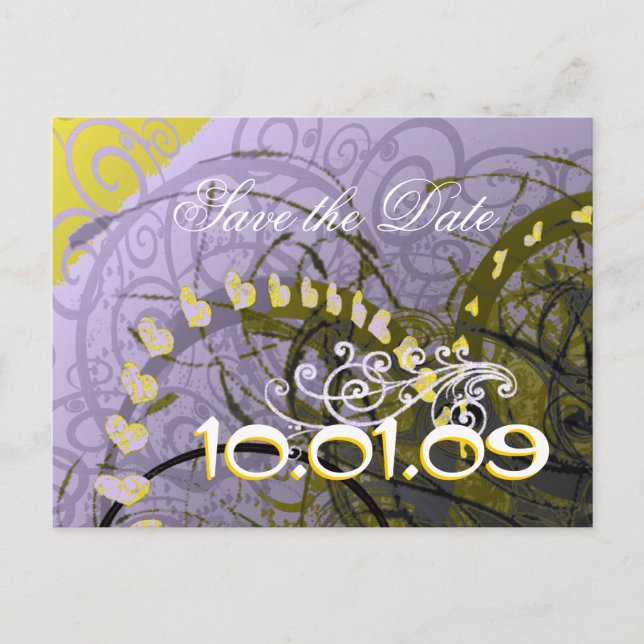 Save The Date Yellow Hearts - Announcement Postcard (Front)