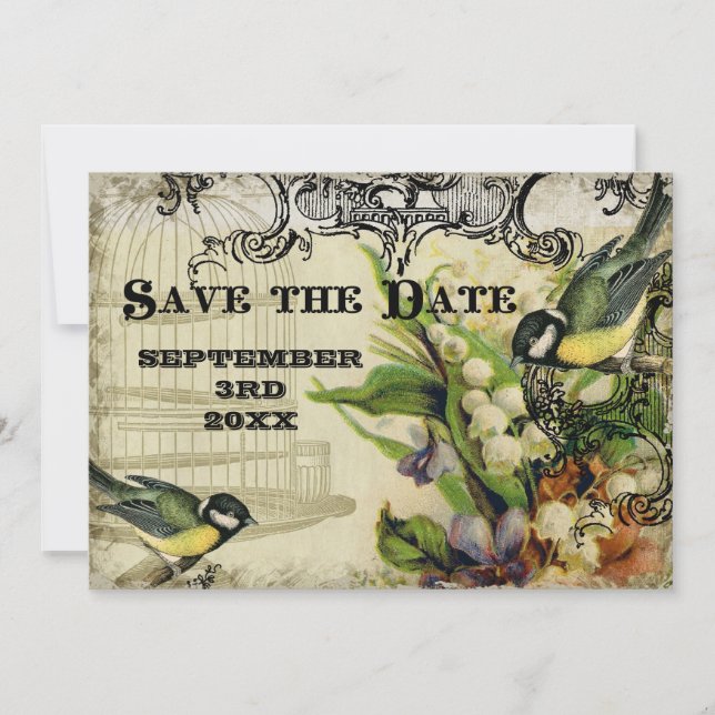 Save the Date, Yellow Song Bird Cage Swirl Floral Invitation (Front)