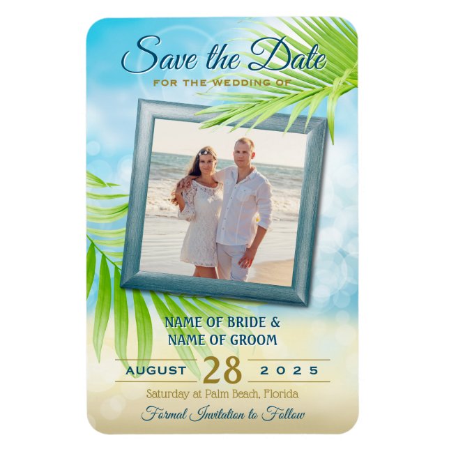 Save the Date Your Photo Beach Wedding Palm Leaves Magnet (Vertical)