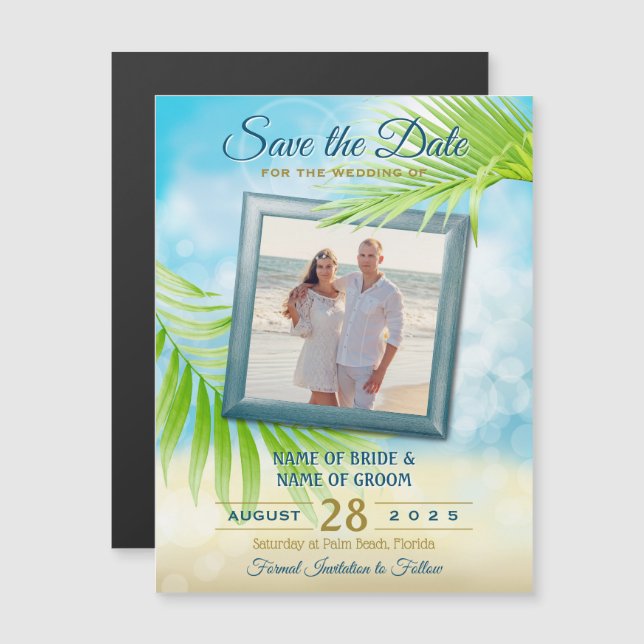 Save the Date Your Photo Beach Wedding Palm Leaves Magnetic Invitation (Front/Back)