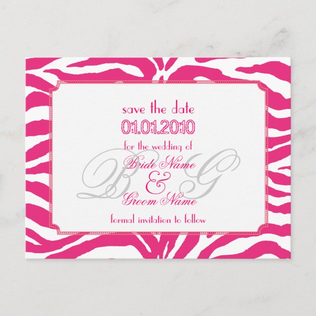 Save the Date, zebra + monogram Announcement Postcard (Front)